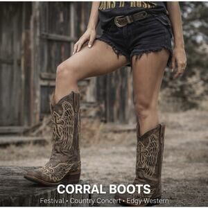 Corral Boots Wm 7M Brown Distress Leather Sequin Wstrn Wing ✝️ Cowboy Square Toe